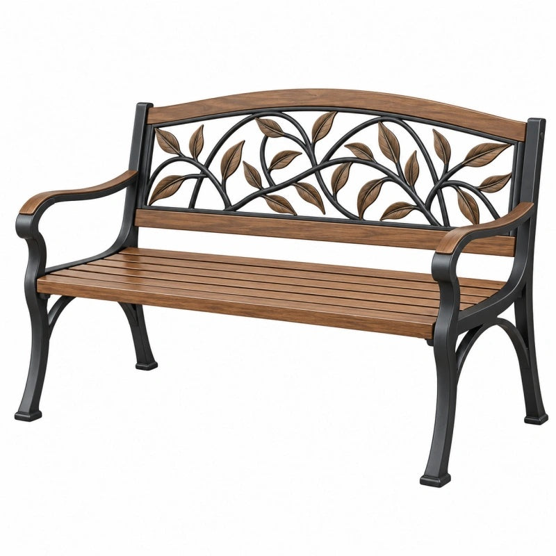 Gartenbank 122 x 62 x 87 cm Metall und Holzoptik Braun Schwarz mit Blattmotiv