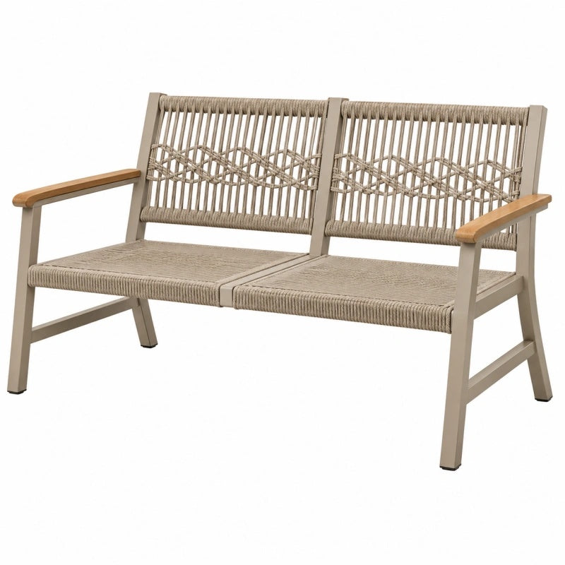 Gartenbank 125 cm Metall Seilgeflecht Beige mit Holzarmlehnen für Außenbereich