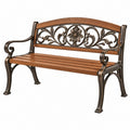 Gartenbank 120 cm Metall und Holz Braun Bronze mit floraler Rückenlehne