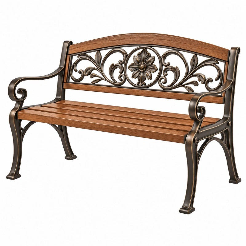 Gartenbank 120 cm Metall und Holz Braun Bronze mit floraler Rückenlehne
