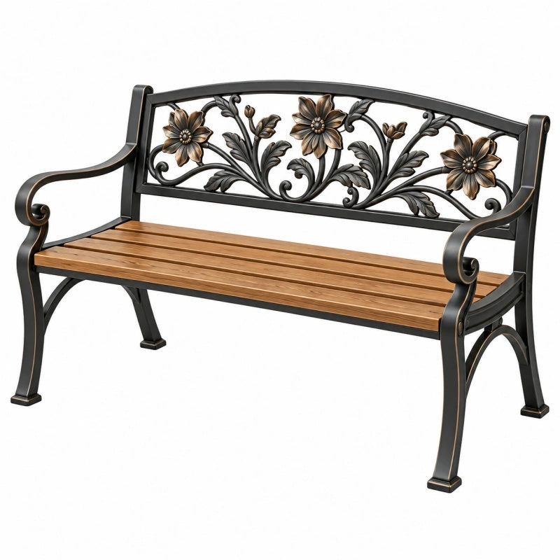 Gartenbank 120 x 60 x 90 cm aus Metall und Holz Schwarz Braun mit floralem Rückendesign