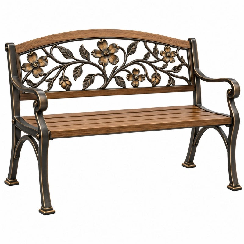 Gartenbank 120 x 60 x 90 cm aus Metall und Holz braun mit Blumenornamenten