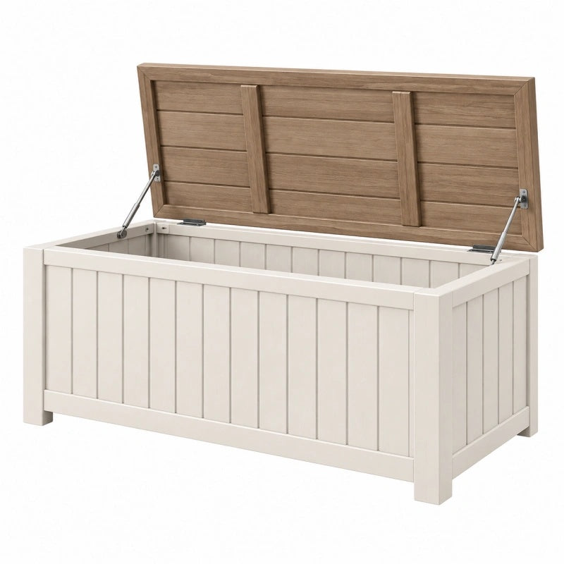 Garten-Aufbewahrungsbox 120 x 50 x 60 cm aus Holz in Weiß und Braun mit Klappdeckel