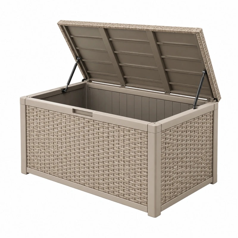 Auflagenbox 120 x 56 x 63 cm aus Kunststoff in Taupe mit Flechtoptik für Garten und Terrasse