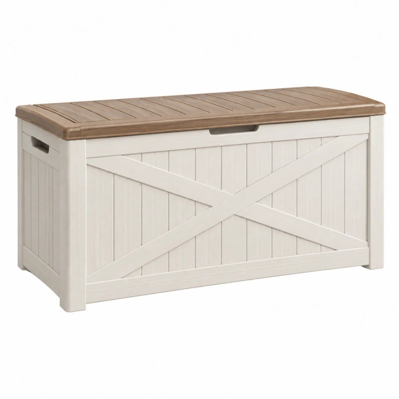 Aufbewahrungsbox 116 x 55 x 60 cm Kunststoff Weiß/Taupe mit Deckel im Landhausstil