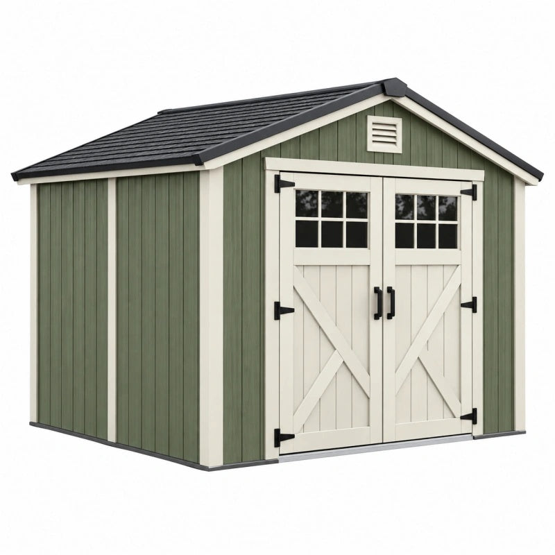 Gartenhaus 240 x 180 x 220 cm Kunststoff in Holzoptik Grün Creme mit Doppeltür