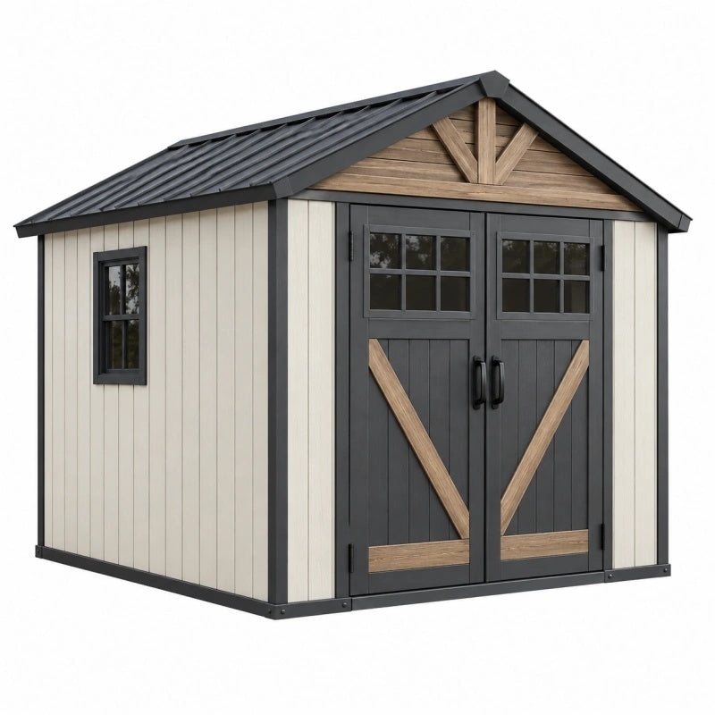 Gartenhaus 200 x 150 x 200 cm in Creme und Anthrazit mit Holzoptik Doppeltür und Metall-Satteldach