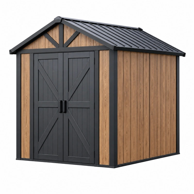 Gartenhaus 200 x 150 x 200 cm aus Holz und Metall Braun Schwarz mit Doppeltür