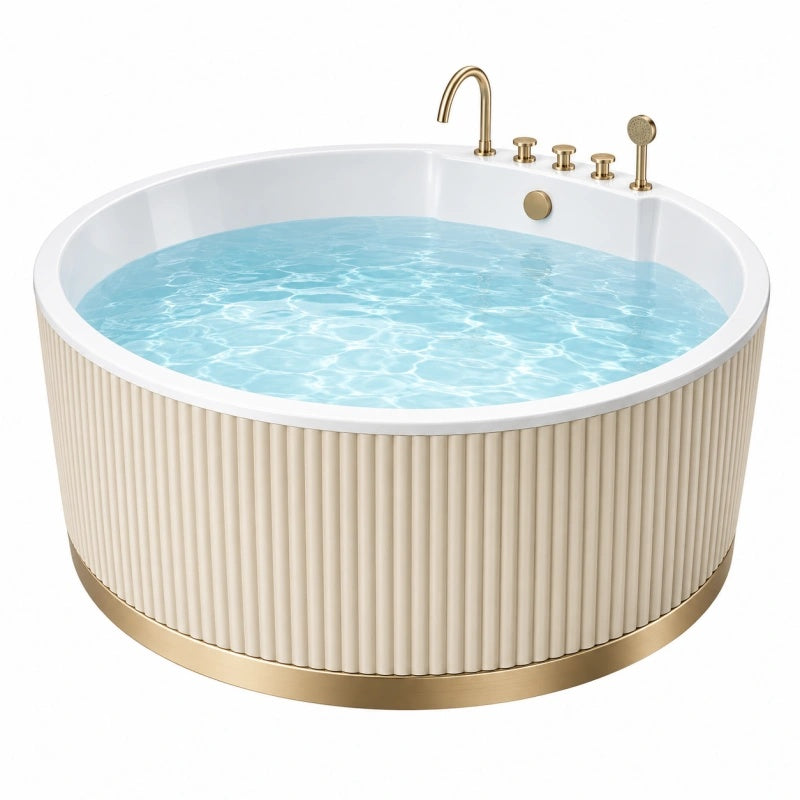 Freistehende Badewanne rund 150 cm Acryl Weiß Gold mit Armaturen